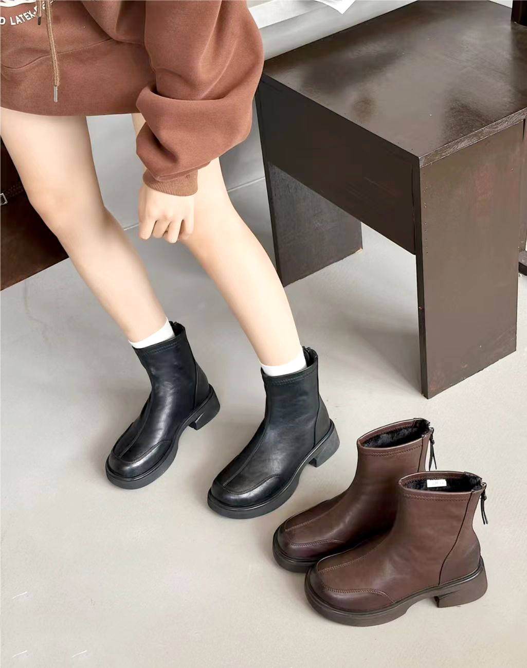 【倩-鞋子-80066】防水粗跟防滑法式圆头短靴秋季女靴冬季英伦风