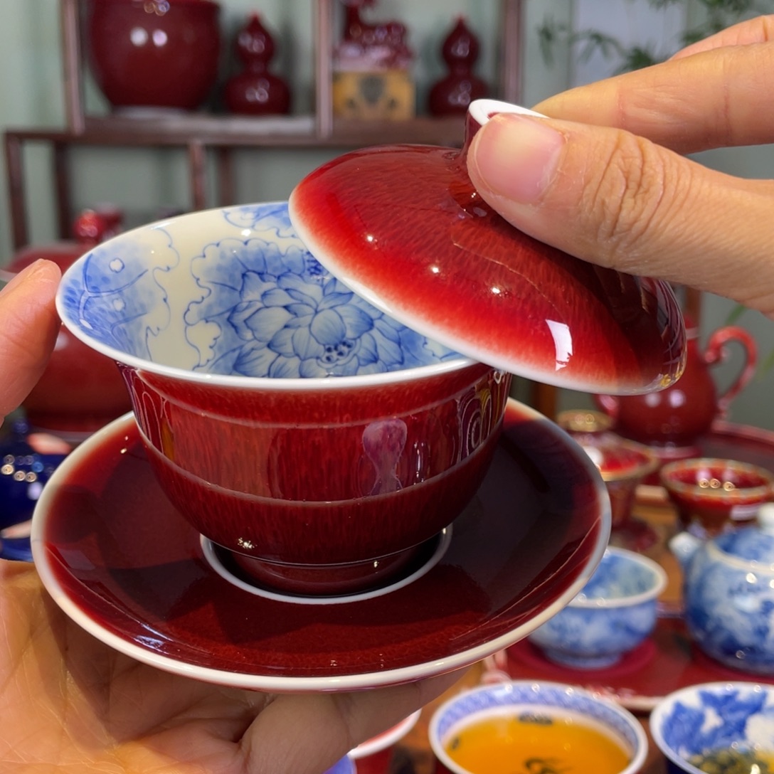 清欢雅玩原矿郎红内绘荷花小元宝盖碗