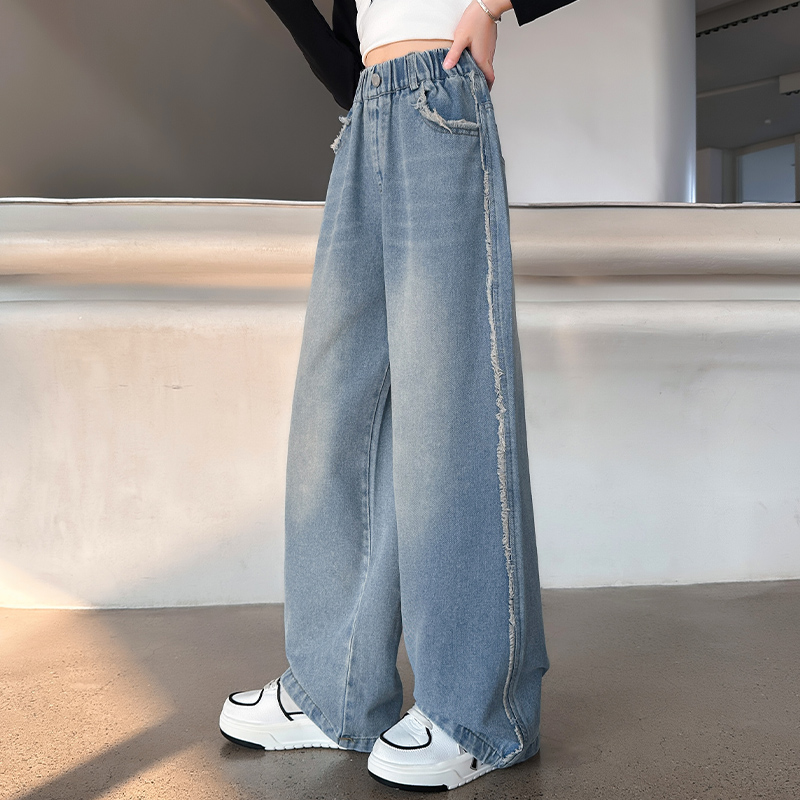女童秋季中大童春季宽松韩版中腰高腰牛仔裤裤子春秋中大童牛仔裤