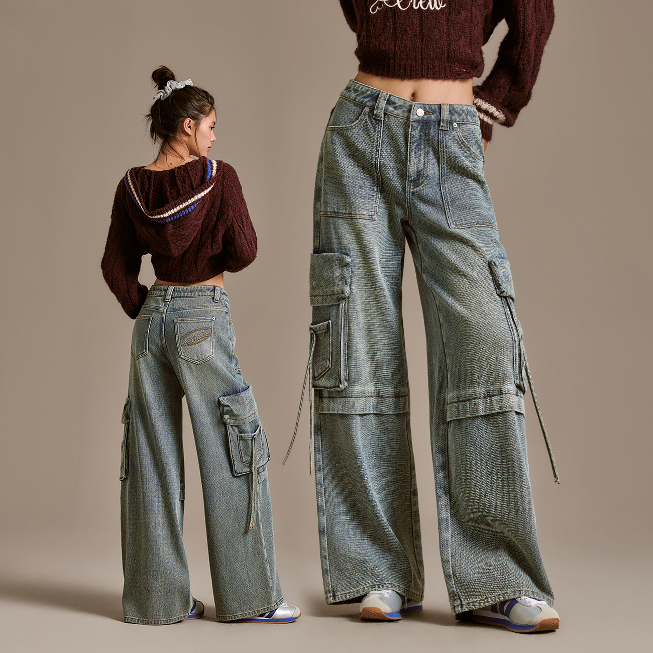 CHUU冬季女装多口袋工装风穿搭韩系穿搭宽松直筒磨白显瘦牛仔裤