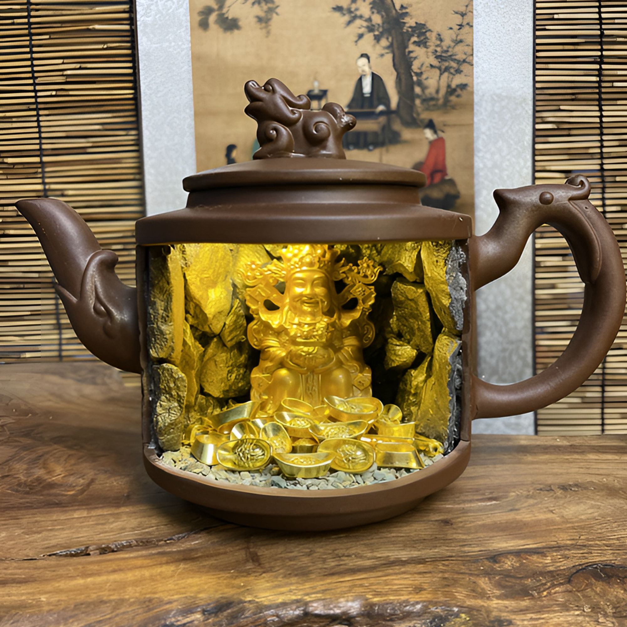紫砂壶手工微景观 实心金属大号财神创意摆件 