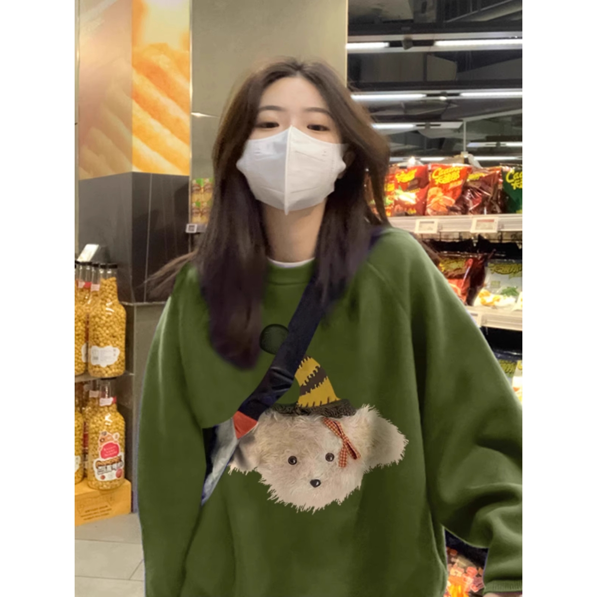 凯颂大码300斤卡通休闲牛油果绿卫衣男女秋冬季宽松显瘦上衣