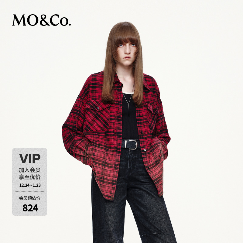 【流光风】MOCO衬衫2025新品棉质黑红格纹做旧渐变色MBE3SHTT03
