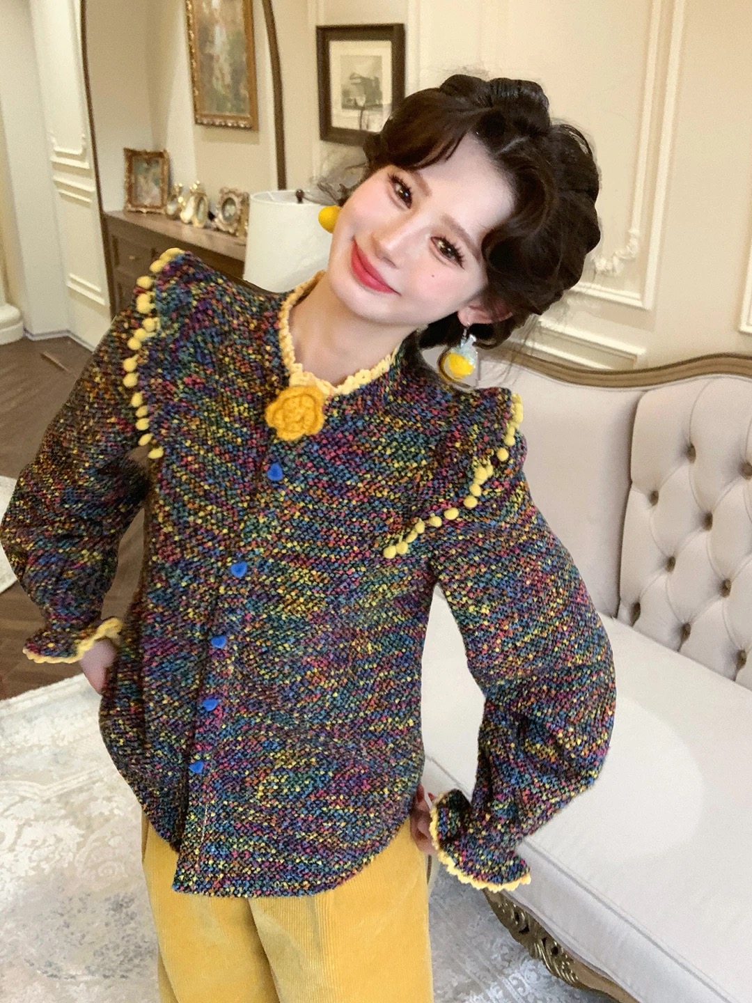 运补6-8【彩色多宝】法式复古彩色衬衫女秋冬新款荷叶边衬衣套装