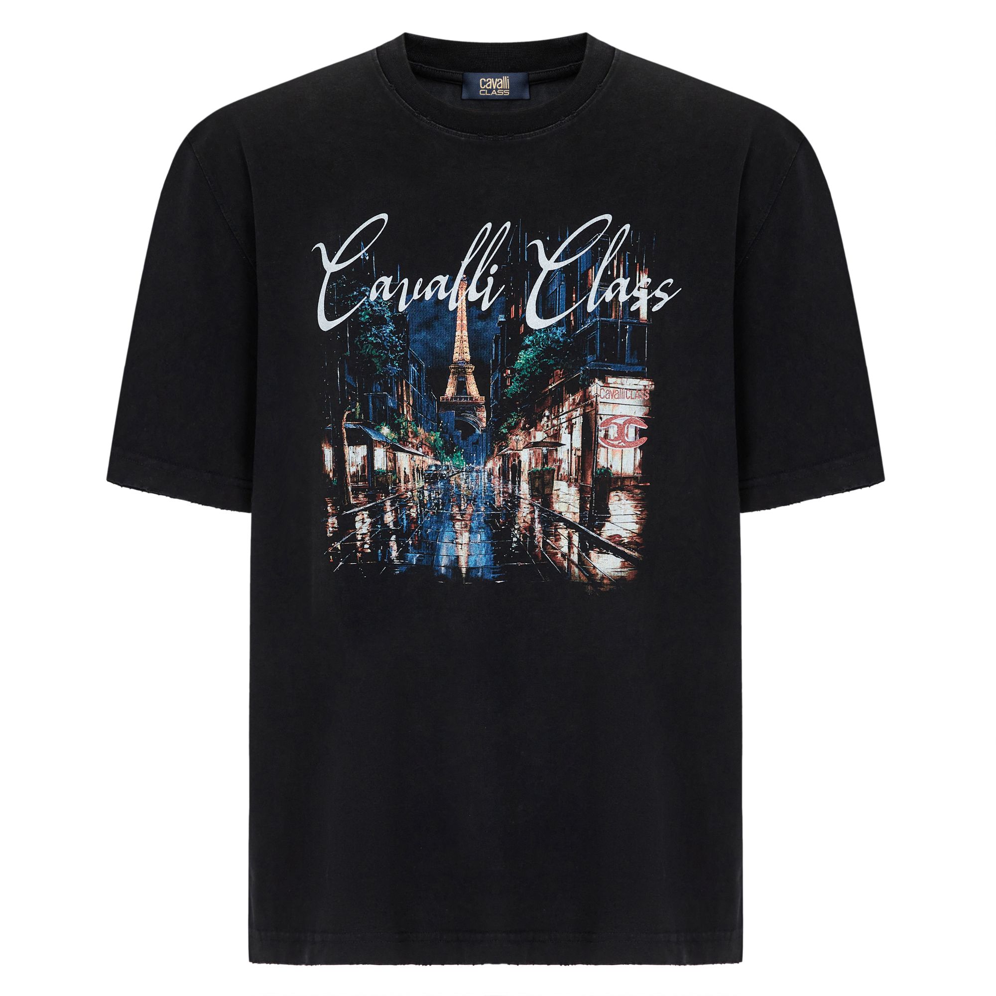 Cavalli Class25夏水洗做旧系列破坏工艺巴黎街景短袖 RWC783