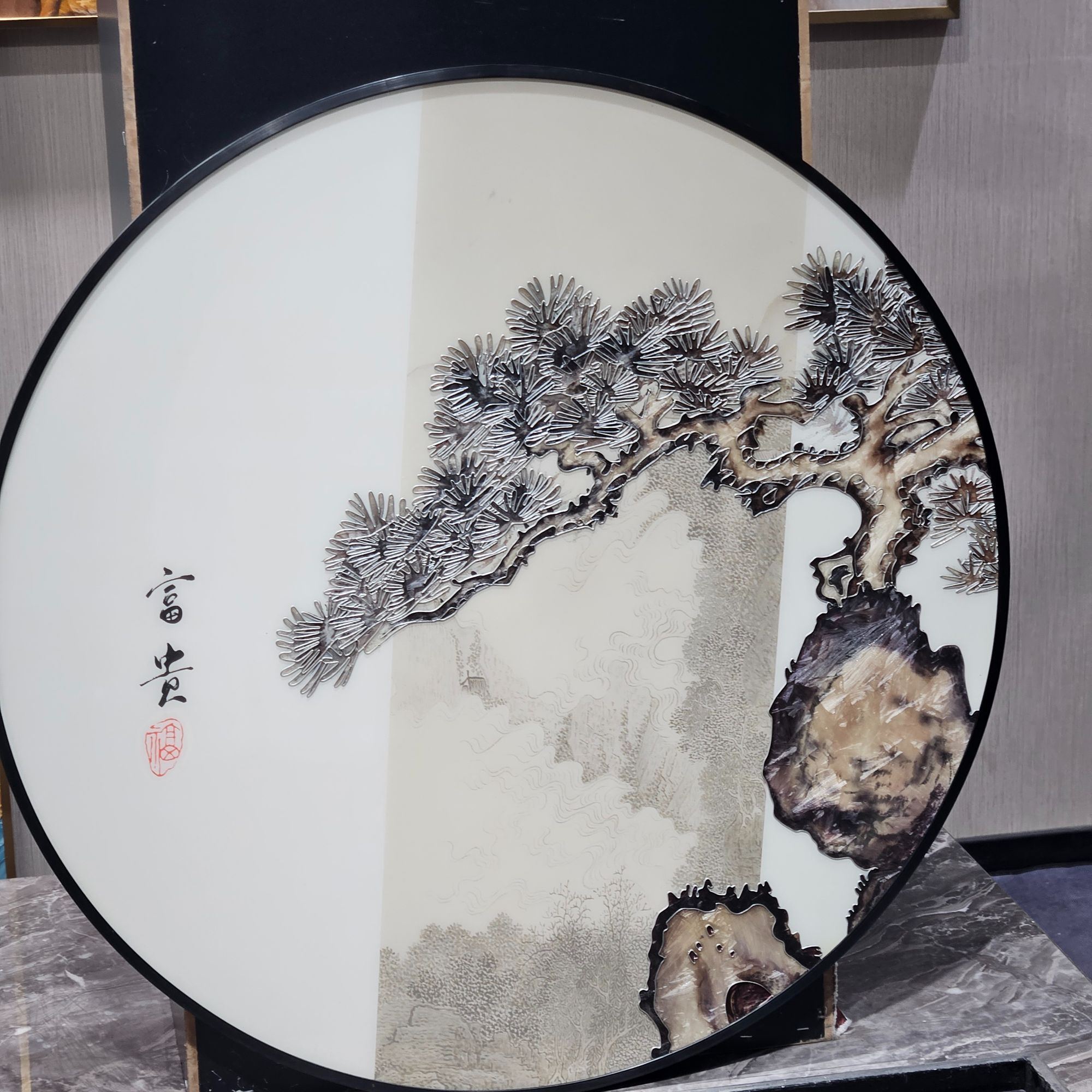 轻奢高端珐琅彩装饰画书房卧客厅沙发背景墙画迎客松