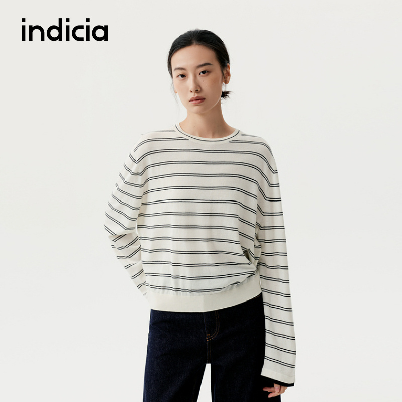 indicia标记商场同款25秋新款慵懒条纹圆领长袖针织衫F2B5ZZ227F