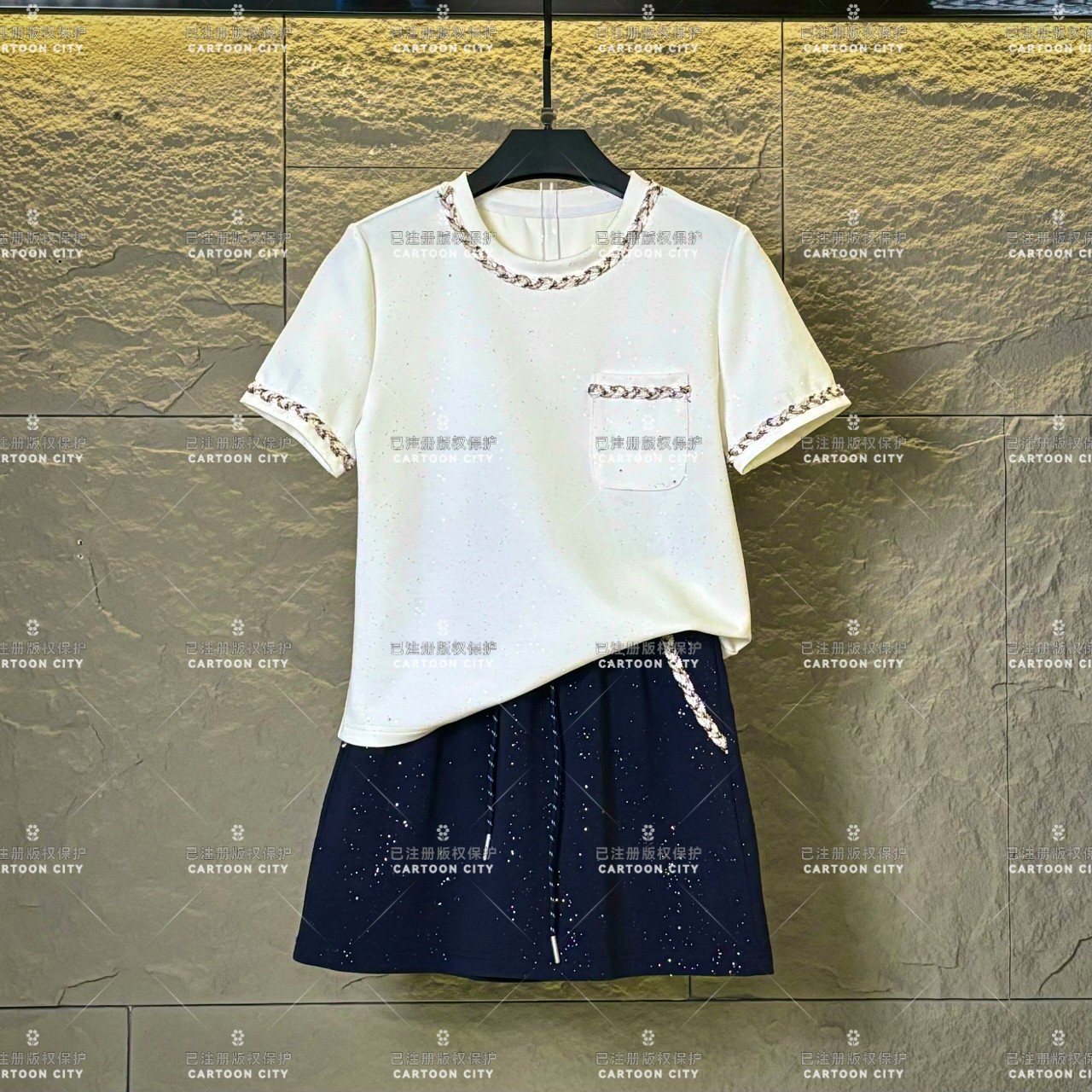 WMA-A385设计师款丨<小香风系列>夏季T恤短裙休闲小V领时尚套装