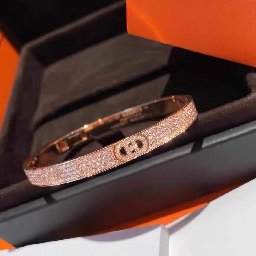 99新 Hermes/爱马仕 小花6珊 猪鼻子满钻手镯 18k玫瑰金 SH码