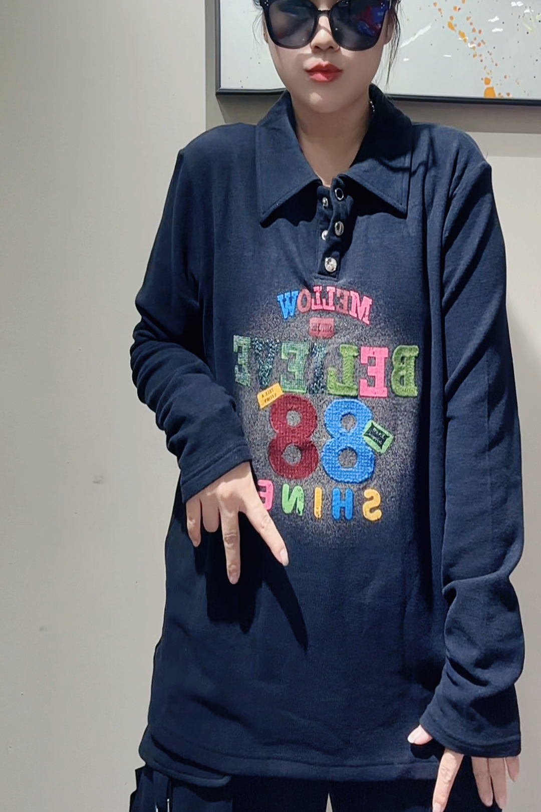 潮牌女装秋款新品翻领打底高弹黑色打底