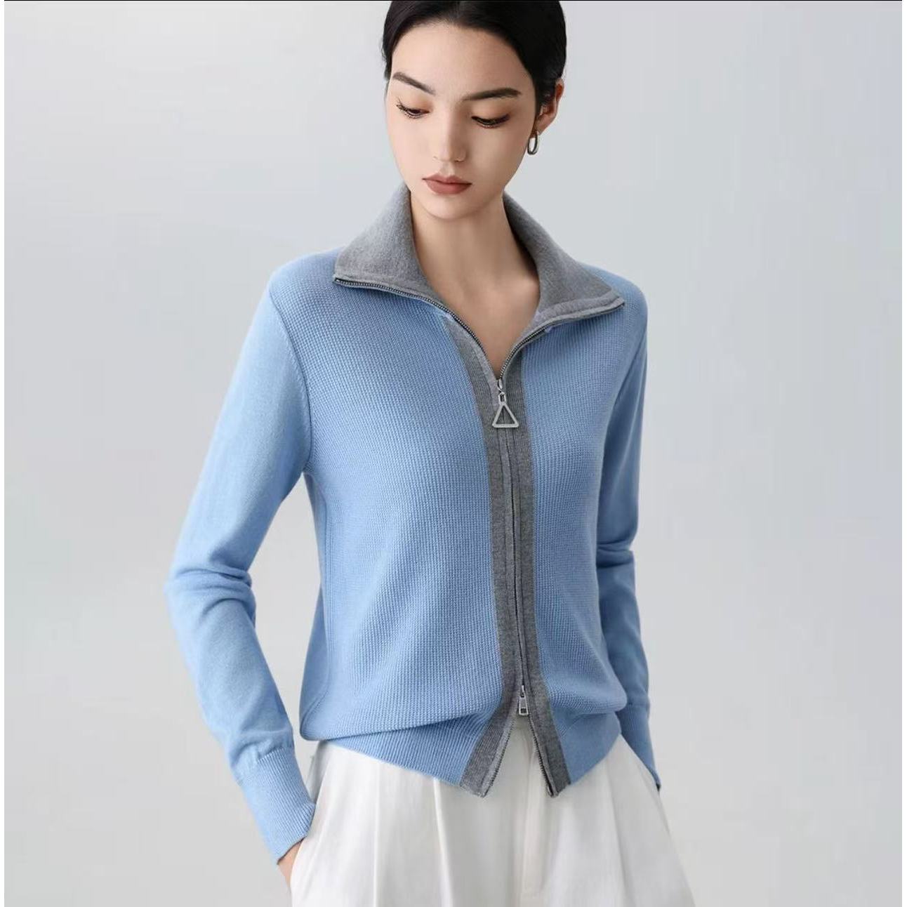 秋冬上新绵羊毛撞色翻领双拉链外套女式羊毛衫25DAK0153