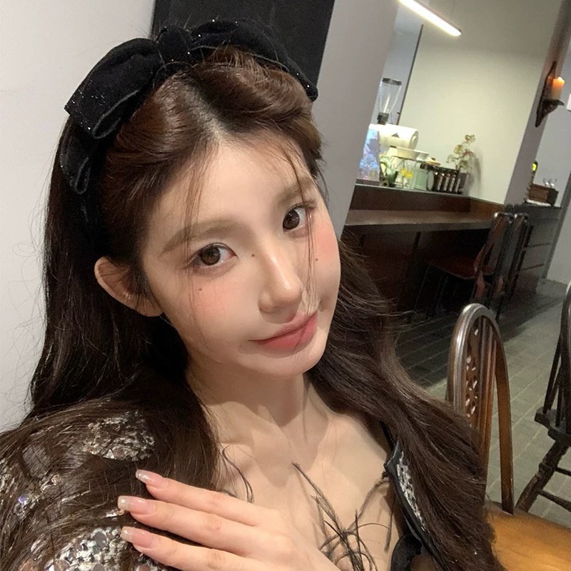 E3955 秋冬韩版复古黑色细闪丝绒蝴蝶结发箍百搭宽边头箍网红同款