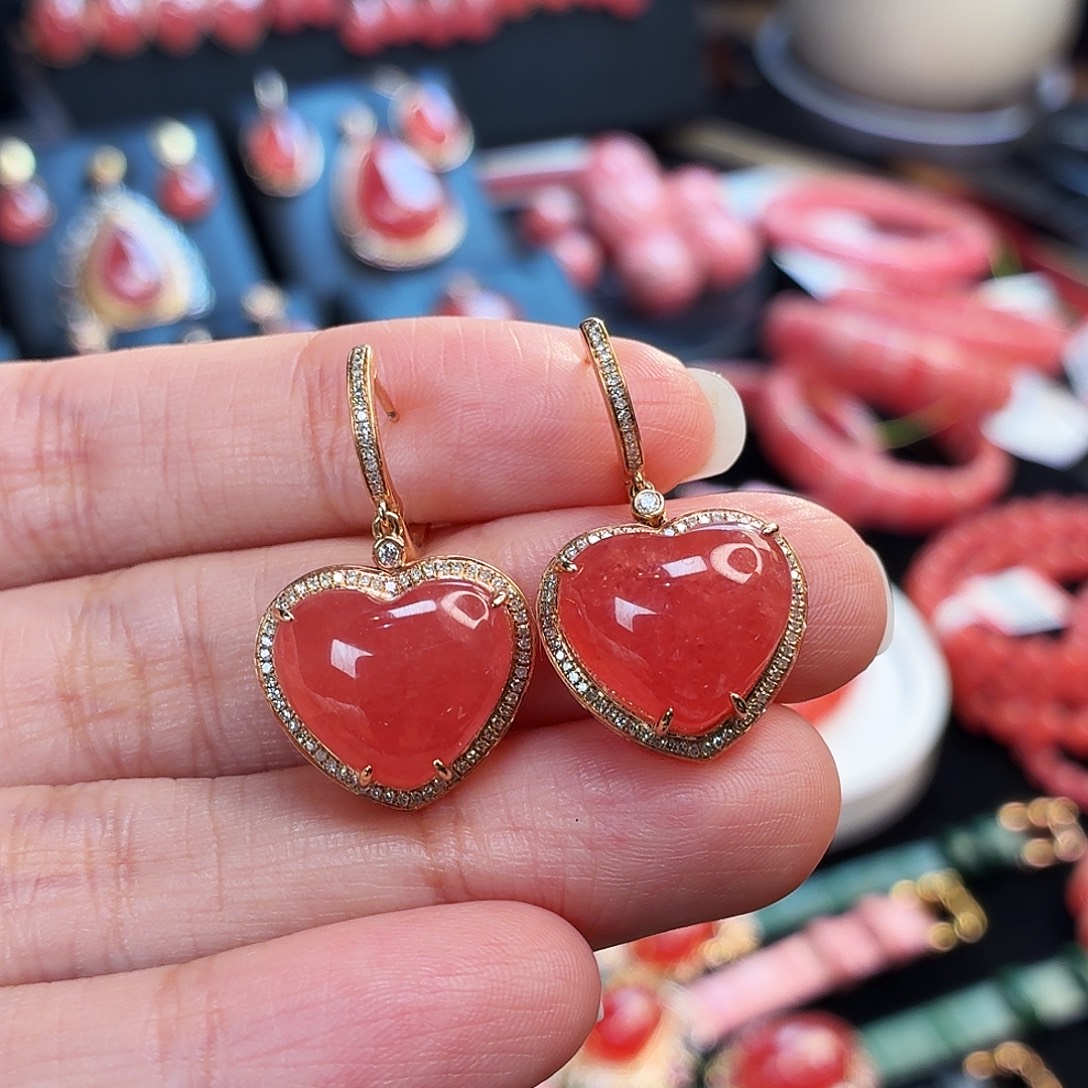 菱锰矿（红纹石）18K金镶嵌耳坠