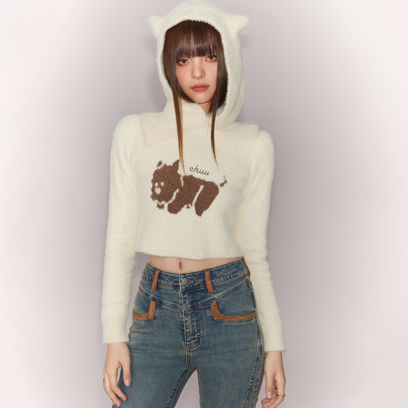 J002【金拐子专属】CHUU秋季女装通熊猫字母刺绣修身百搭针织衫-Y
