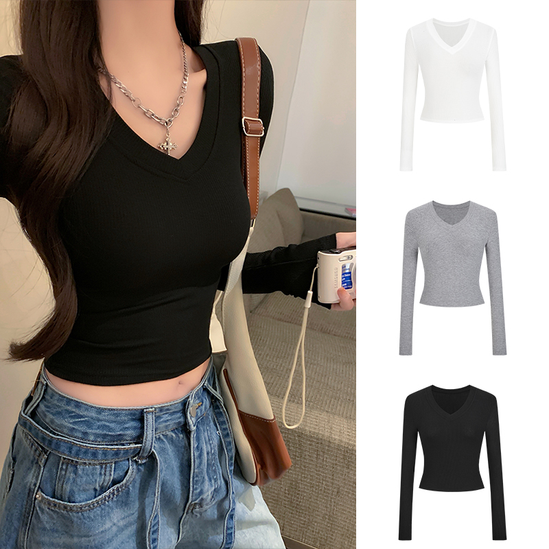 Moses Queen/魔西女王V领短款长袖T恤ins风辣妹韩版修身打底上衣