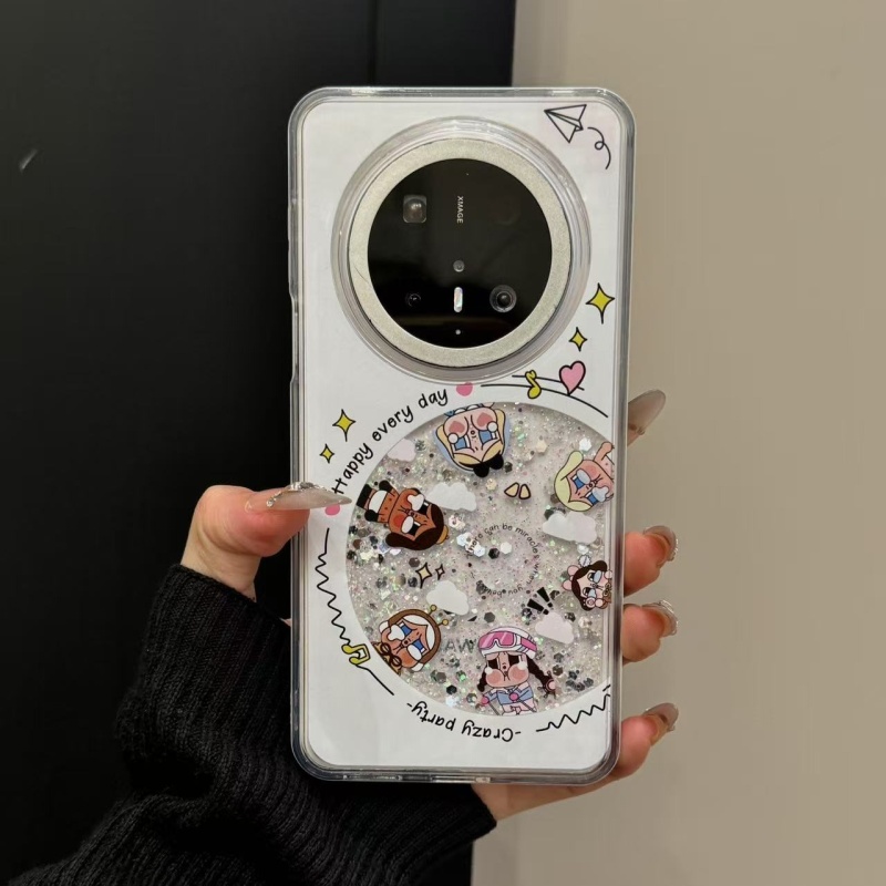 适用华为mate70手机壳苹果16pro潮流卡通可爱彩绘白色透明CD闪粉