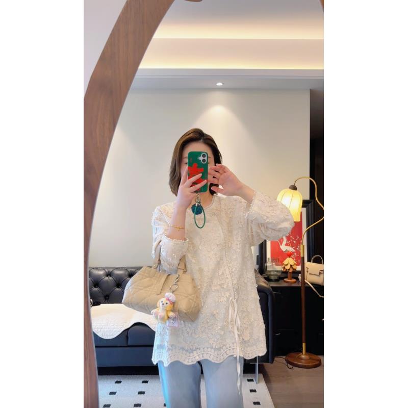 Art li 春季新中式休闲时尚百搭长袖气质打底中国风女白色蕾丝