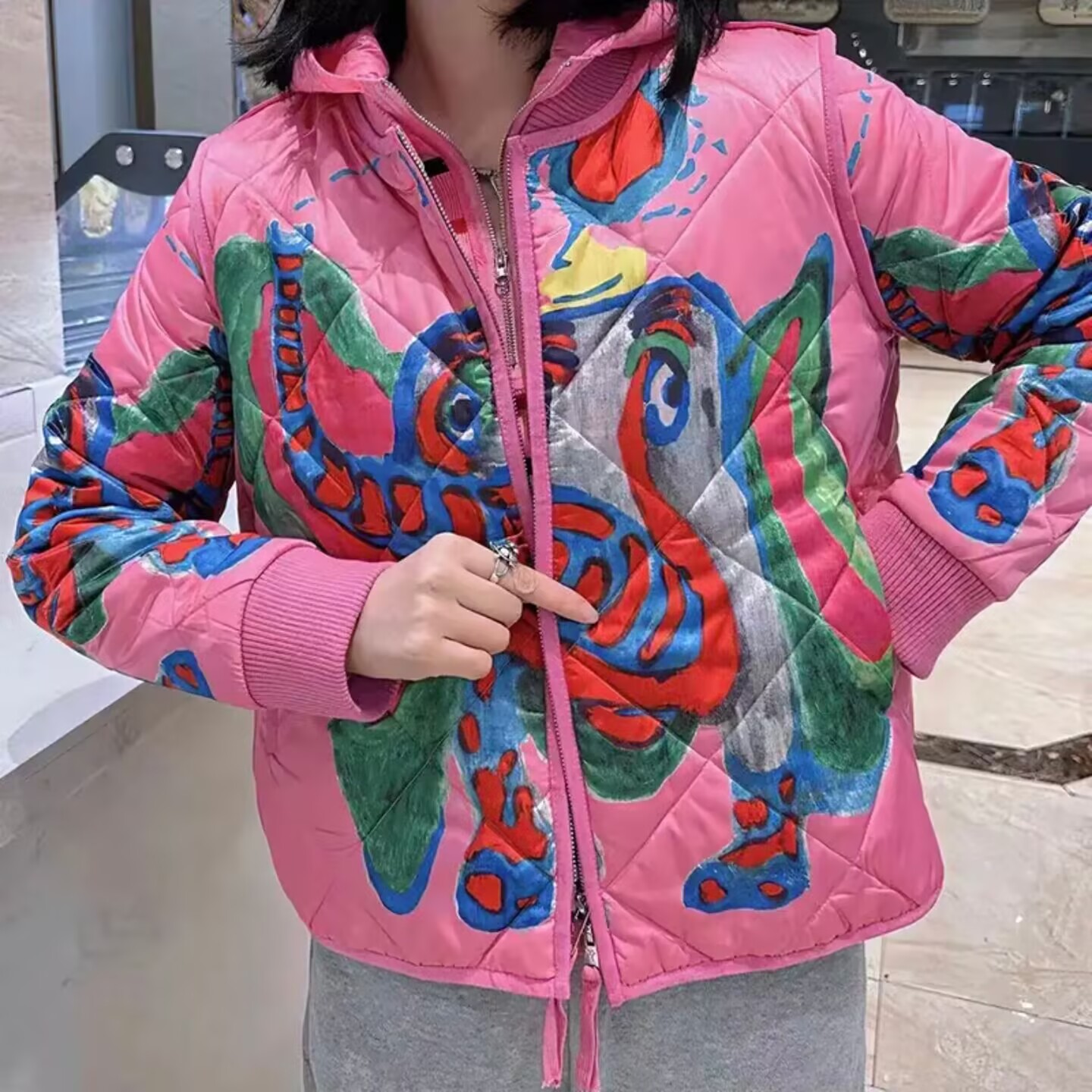 【大象印花】韩版时尚棉服女秋冬新款洋气菱格棒球服小个子百搭外套