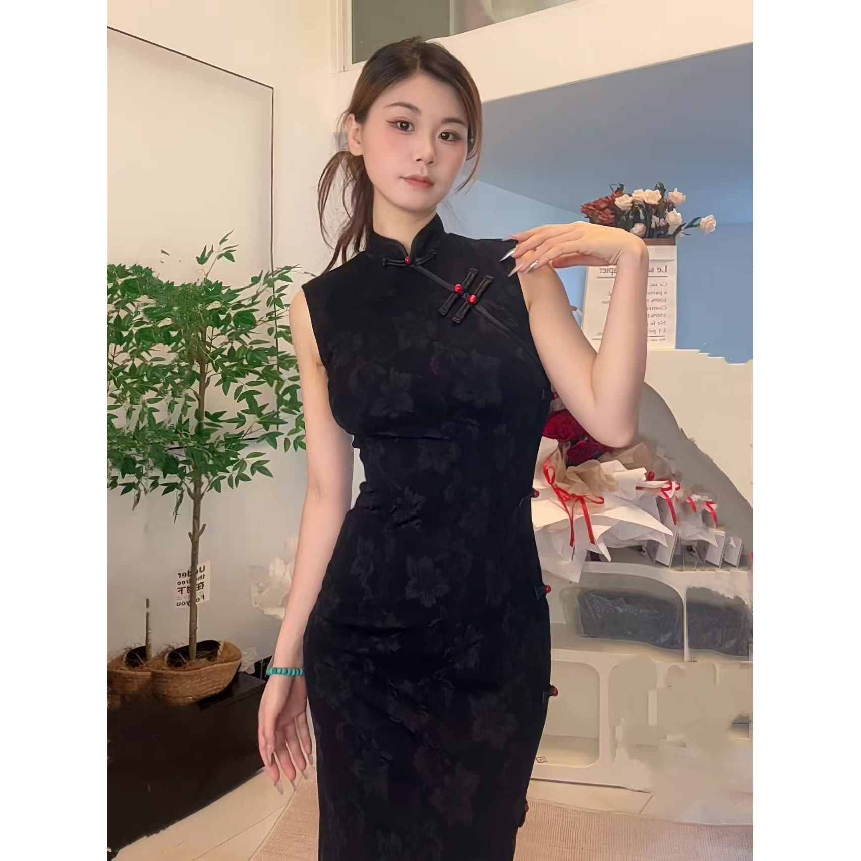 【9678】新中式国风复古无袖改良旗袍连衣裙黑色开衩修身气质长裙