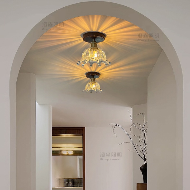 中古风过道灯走廊灯复古胡桃木色吸顶灯侘寂风玄关入户门厅阳台灯