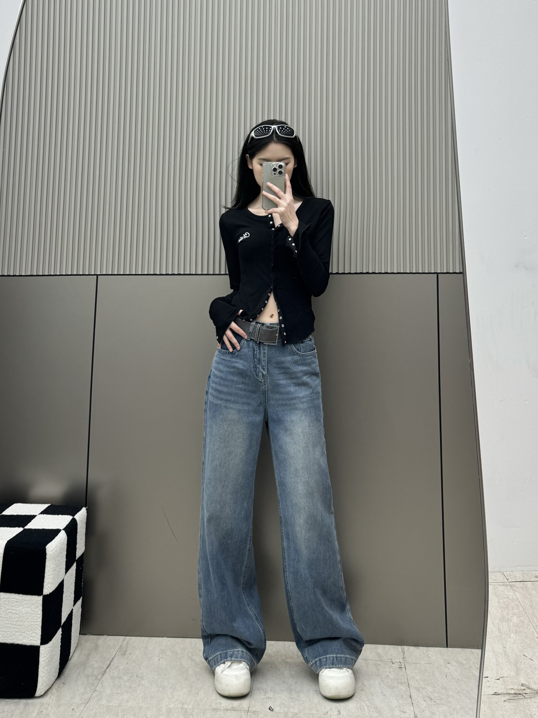 2025春款美式复古直筒牛仔裤女新款中腰显瘦垂感拖地阔腿裤Y5012