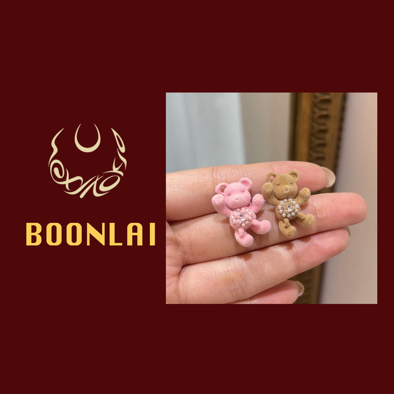 铜合金莫桑石耳饰 Boonlai 毛绒小熊珠珠镶钻耳扣 205