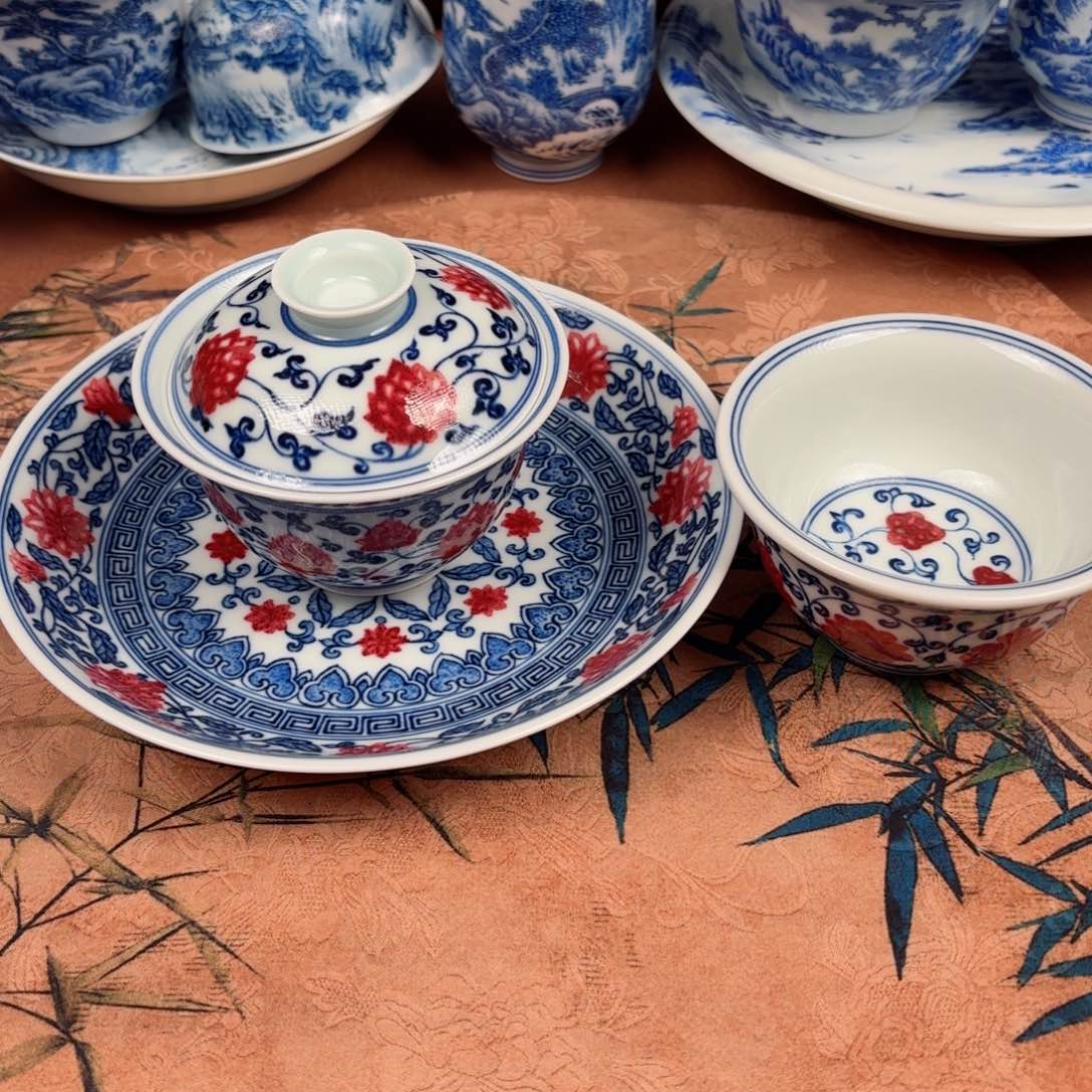 王*仆手绘青花釉下红陶瓷单杯➕盖碗➕壶承