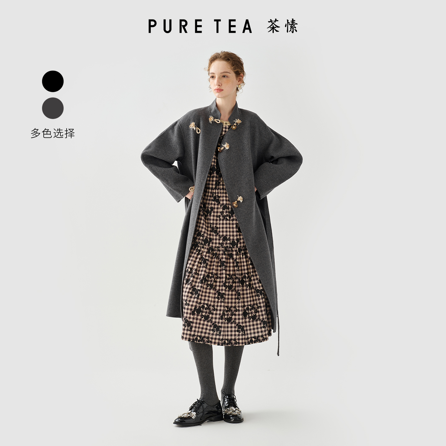 【复古中式】茶愫东方盘扣斜襟毛呢外套系带双面呢秋新款KC0303C41