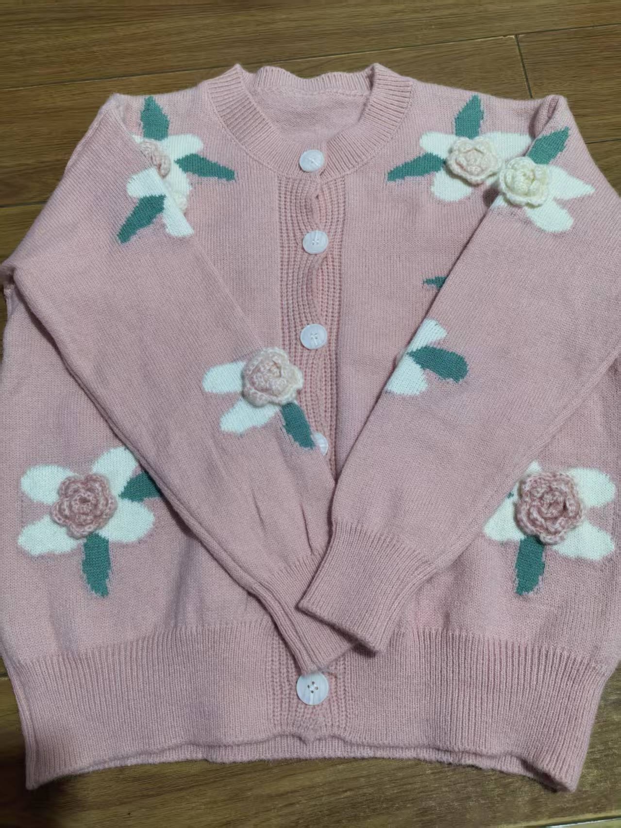 毛衣针织衫女绣花圆领厚款花朵针织春秋秋季开衫
