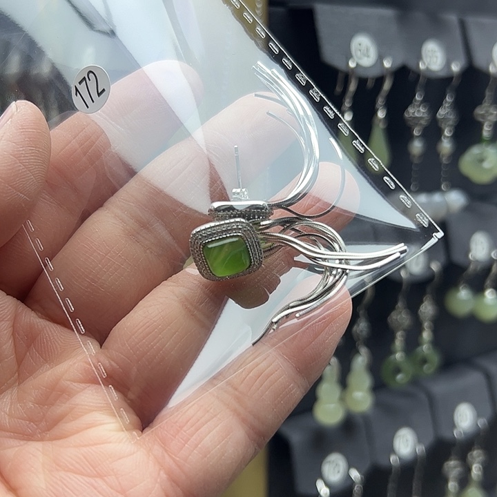 和田玉（碧玉）耳饰银S925镶嵌浅***柔