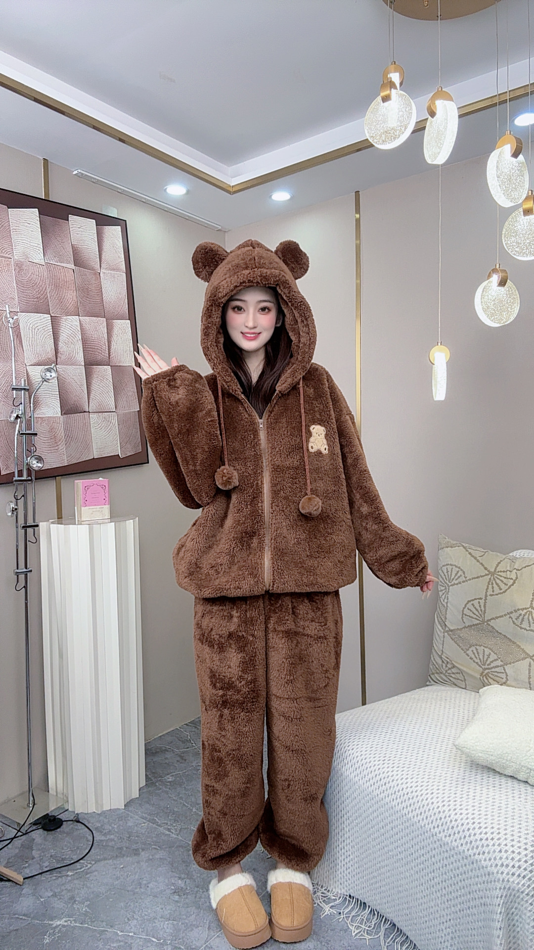 2025熊熊睡衣冬季韩版保暖加绒加厚宽松冬款家居服套装冬季 