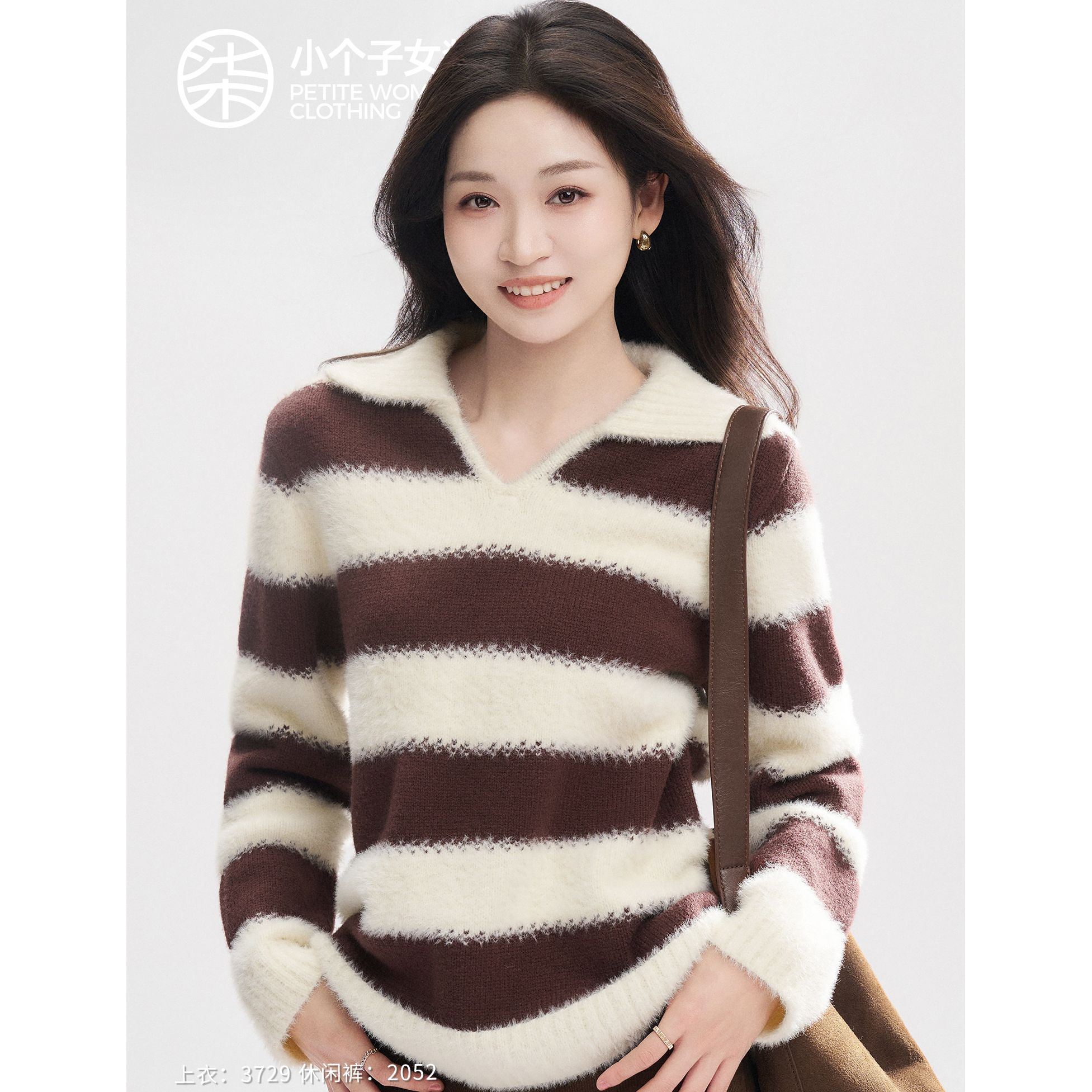 【柒量一裁】3729小个子条纹翻领毛衣女冬款慵懒风软糯休闲针织上衣