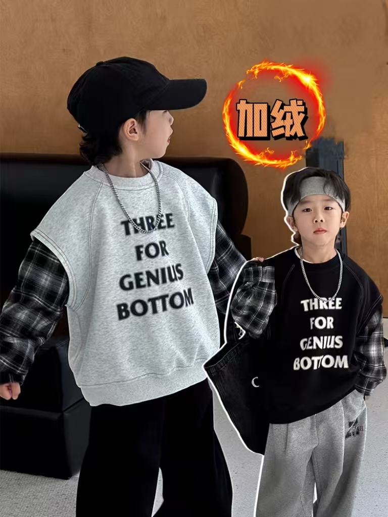 [加绒/不加绒]男童2025年秋季新款韩版格子袖假两件卫衣中大童装
