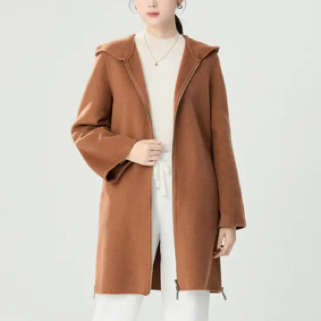 GIRDEAR/哥弟1400464 新款女士休闲时尚连帽中长款双面呢大衣外套