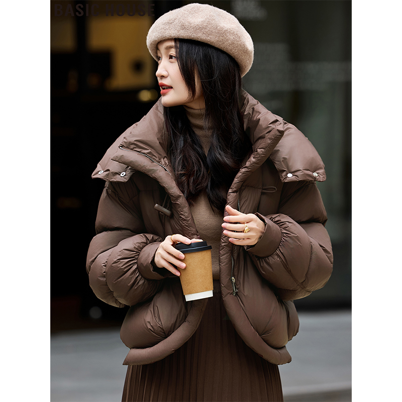 冬季短款小个子洋气连帽牛角扣宽松保暖鹅绒服8678