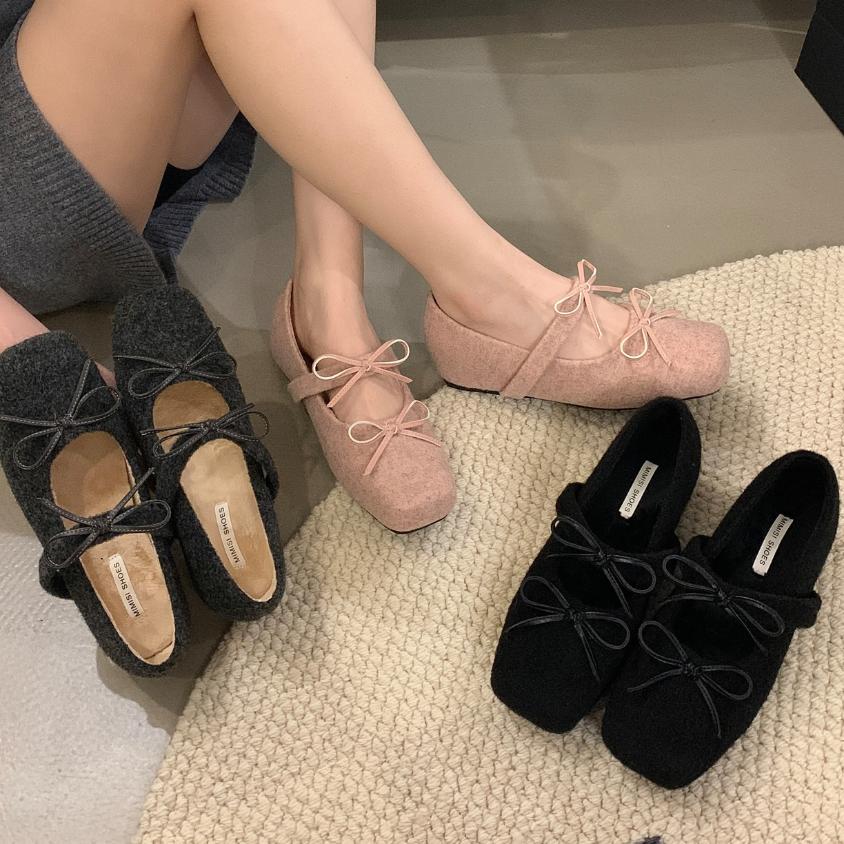 圆圆家 D3-4 时髦单鞋蝴蝶结韩版秋冬加绒浅口鞋浅口内增高秋冬
