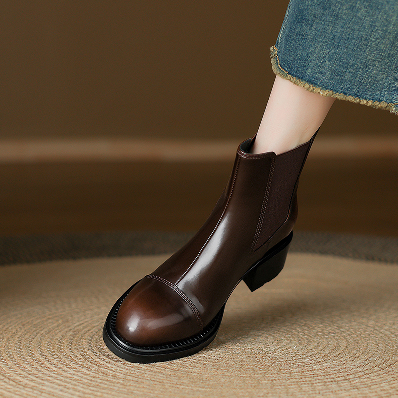 4.5cm/牛皮 秋冬新款圆头切尔西靴法式复古马丁靴百搭休闲女短靴