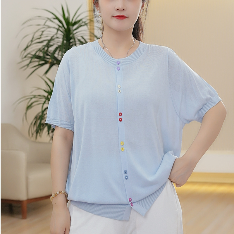 冰丝短袖针织衫多巴胺彩扣66126大码夏季圆领T恤上衣开衫女