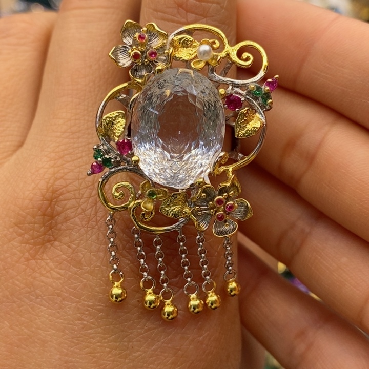 水晶戒指银S925镶嵌天然水晶戒指