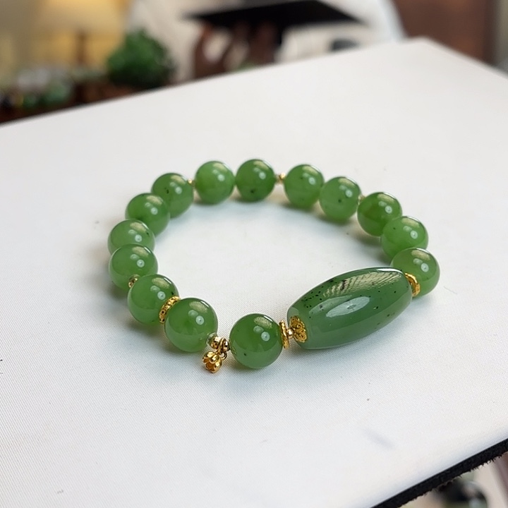 和田玉（碧玉）18K金镶嵌手链10mm苹果绿设计款