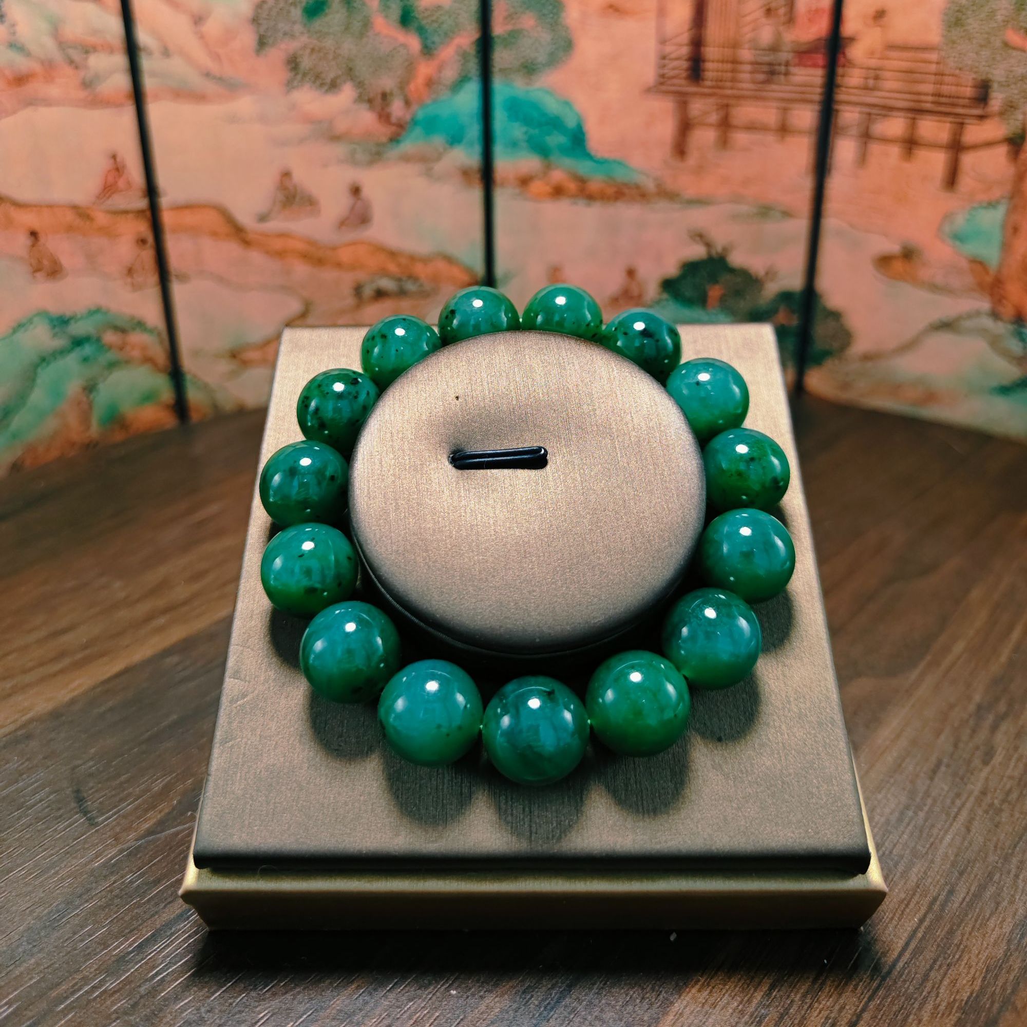 W和田玉碧玉圆珠手串（卡14）0048