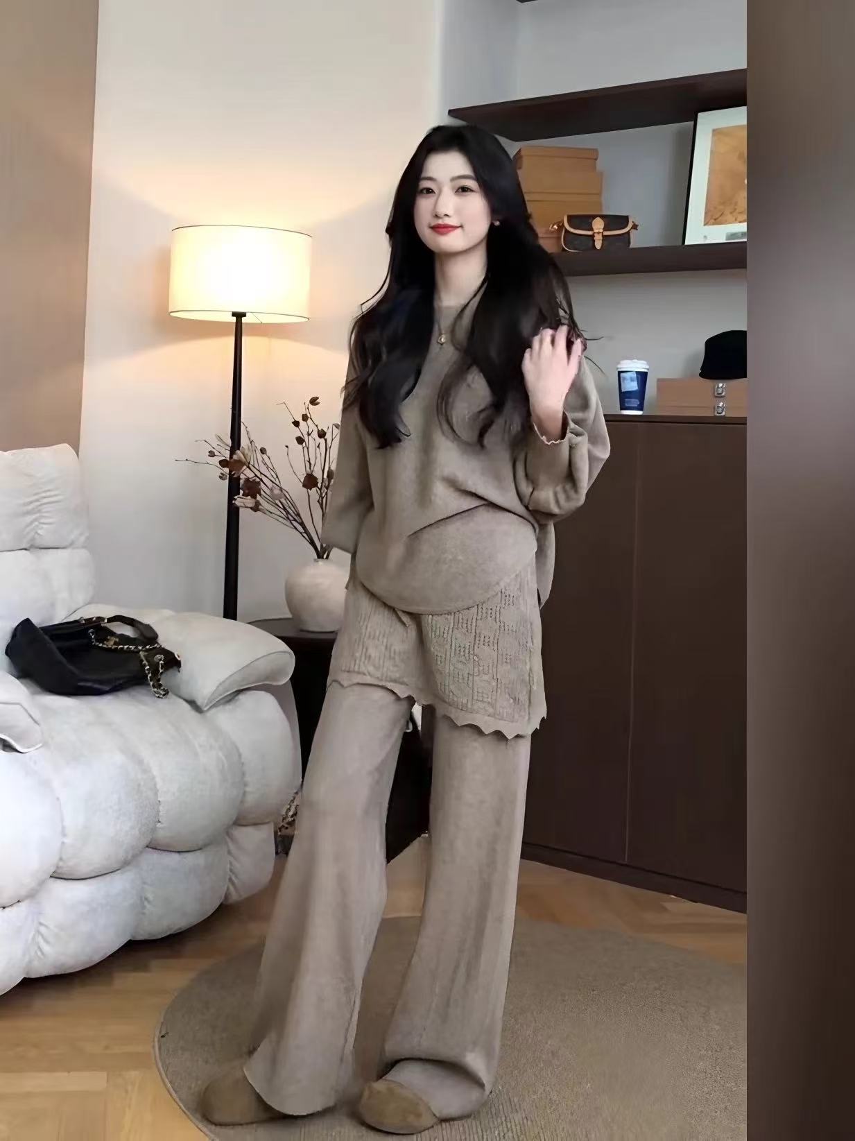 慵懒风气质风法式休闲风时尚套装长裤秋冬屁帘打底时尚针织套装女