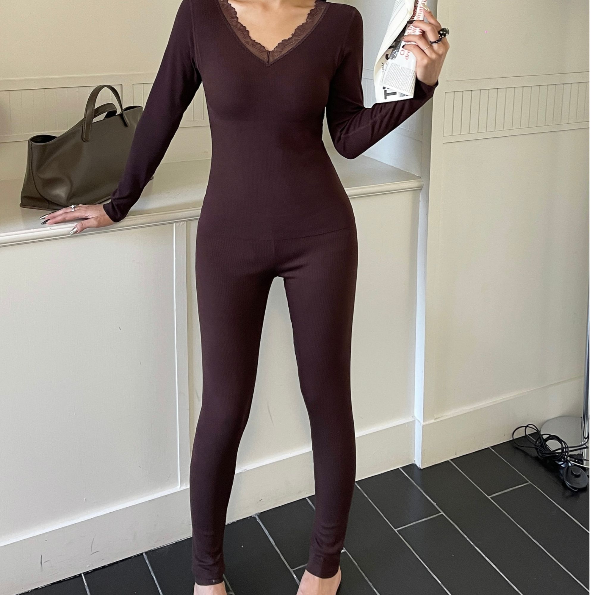 【渣渣严选】A0898款时尚设计师V领修身保暖内衣套装