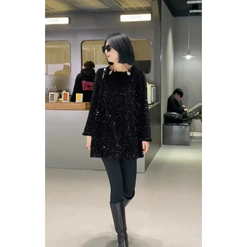 【秋冬6061款】黑色蕾丝闪砖长款宽松大码胖mm莫奈花园风穿搭连衣裙