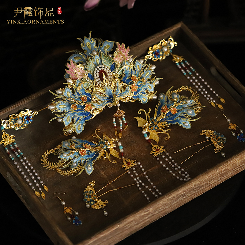 苏绣明制汉服婚嫁凤冠头饰秀禾新娘饰品发钗发簪步摇手工YX001