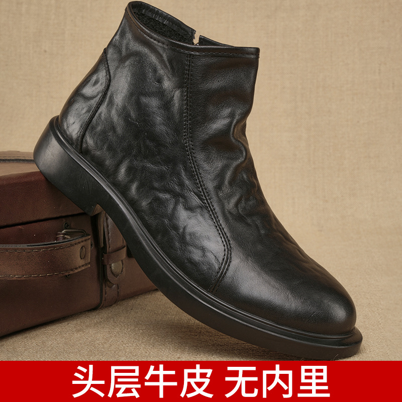 男士皱皮马丁靴头层牛皮高帮侧拉链鞋透气休闲单层鞋时尚潮流皮鞋