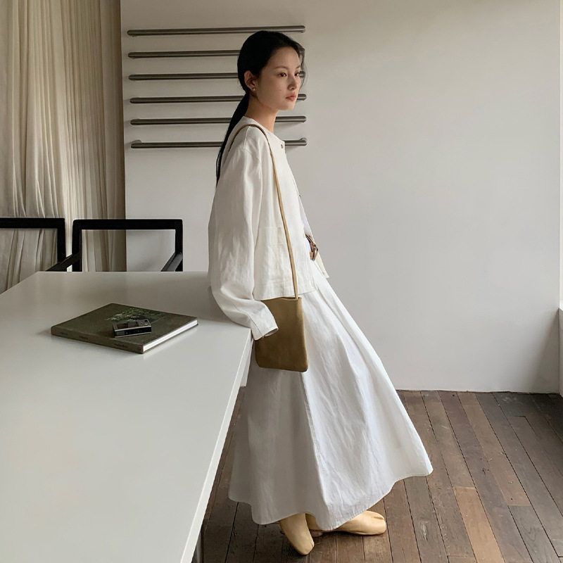 TG 文艺风气质压褶高腰半身裙女2025春季新款A字大摆中长裙24456