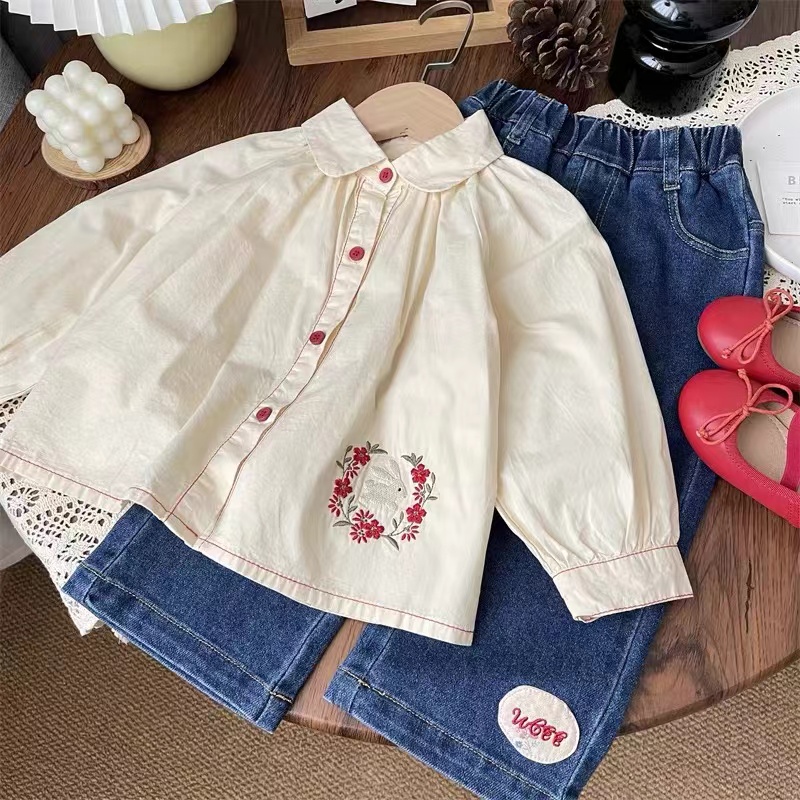 森系童装秋装女童宝宝儿童杏色小兔花环刺绣森系衬衫上衣打底衫女