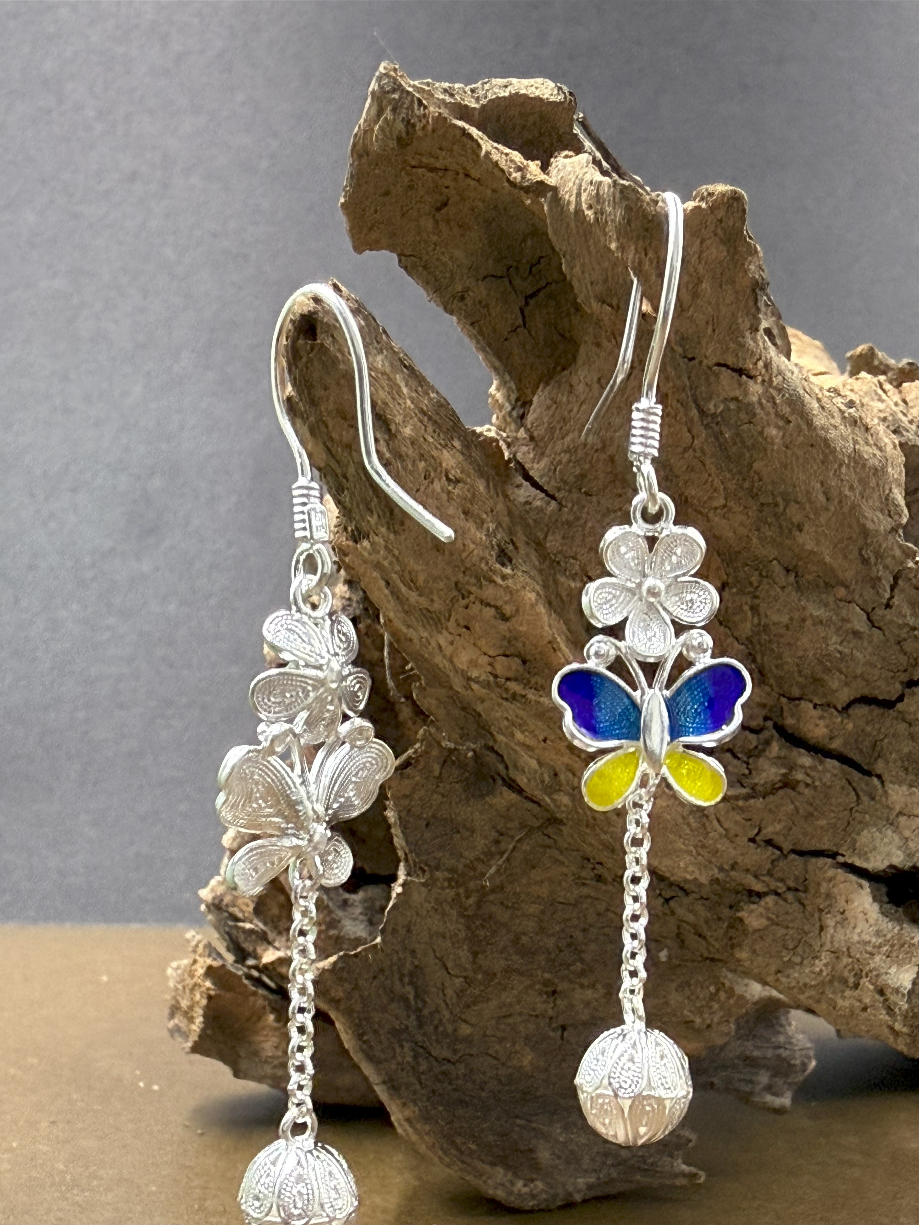 足银耳饰 足银时尚古法新中式蝴蝶铃铛耳饰