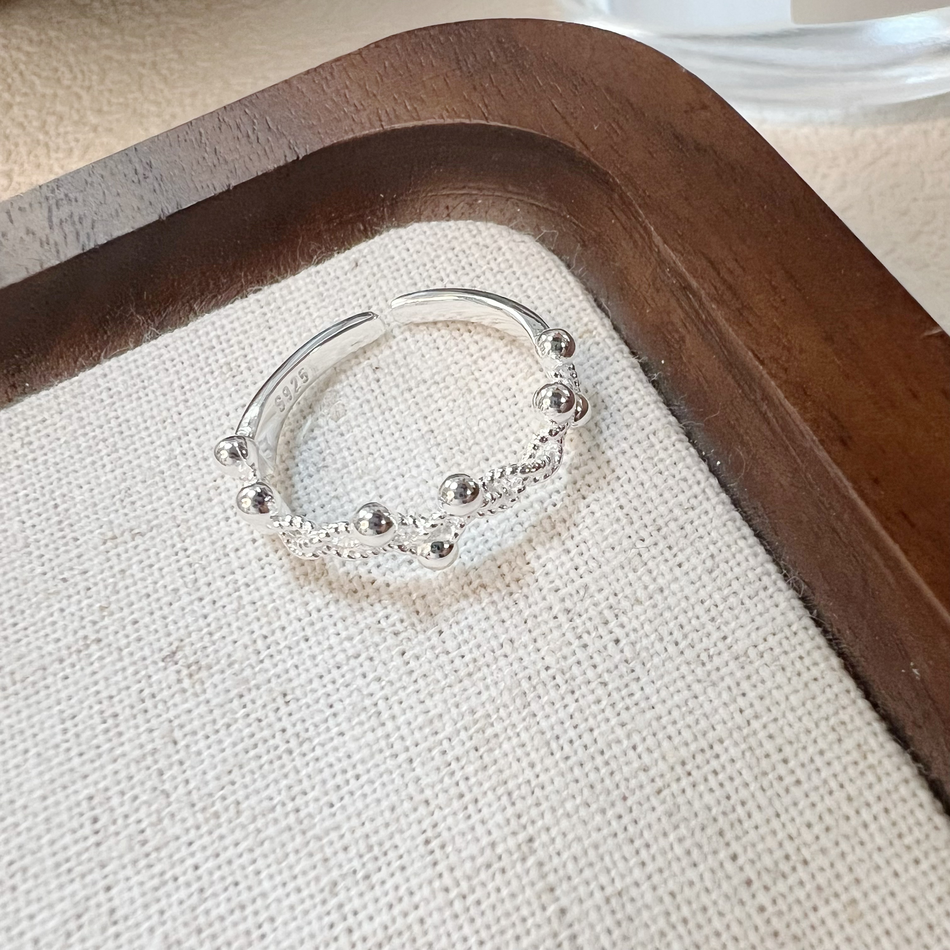 925银戒指 日韩时尚百搭麻花圆珠气质轻奢银戒指11-16#